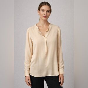 Vince Peachy Split-Neck Long-Sleeve Silk Blouse